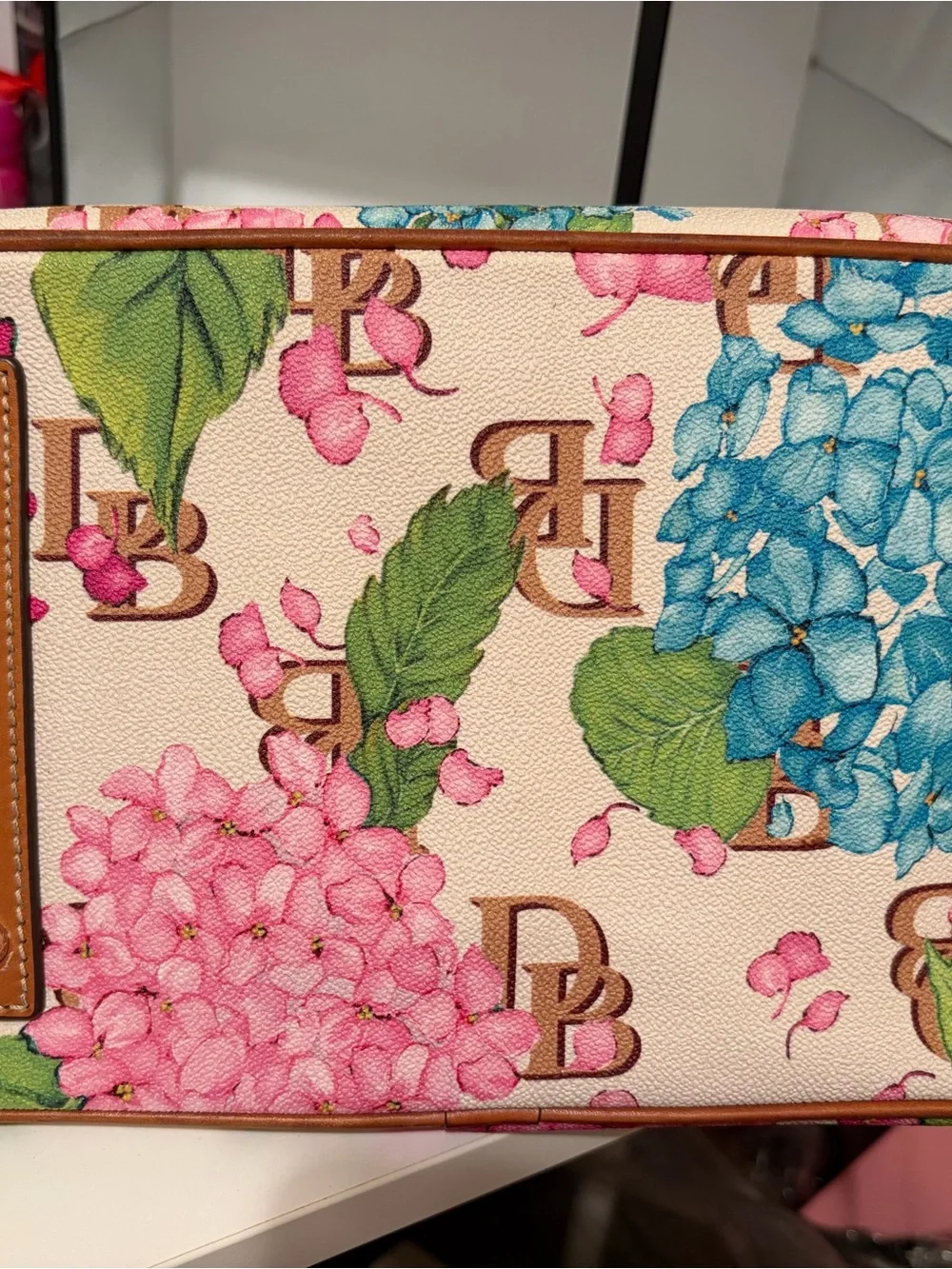 Dooney & Bourke Cream Floral Monogram Satchel with Brown Trim